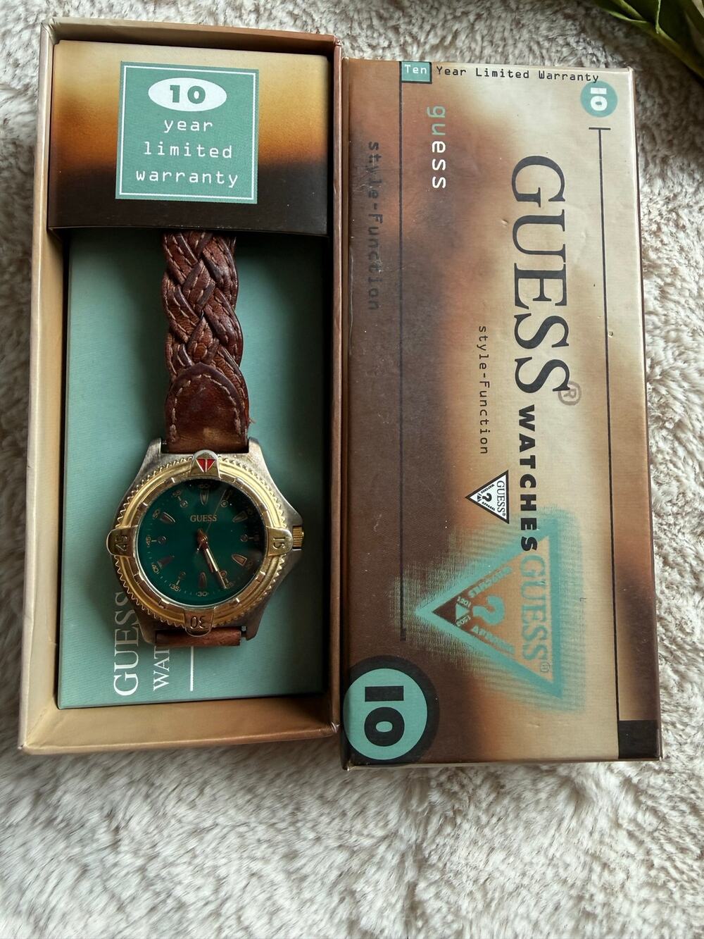 Vintage Guess Quartz Green Face Watch Braided Leather Band In Box